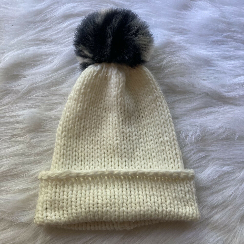 MIXIT JCP Beanie Faux Fur Pom Hat Soft Ivory Winter Knit Chunky One Size Womens